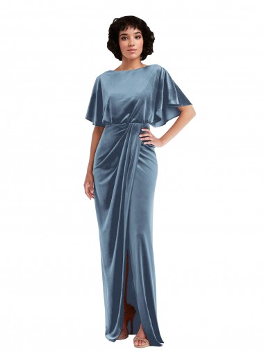 Flutter Sleeve Open Back Velvet Maxi Prom Dress with Pockets & Draped Wrap Skirt Clearance