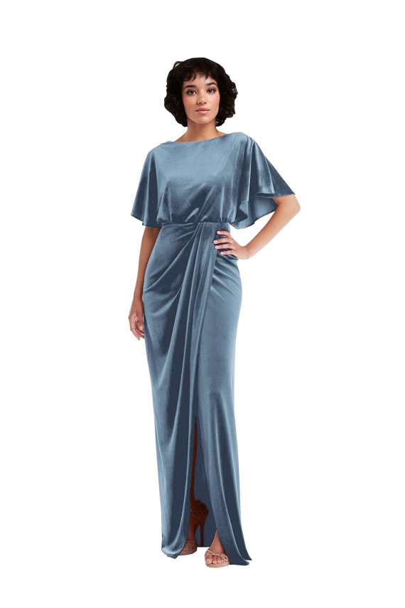 Flutter Sleeve Open Back Velvet Maxi Prom Dress with Pockets & Draped Wrap Skirt Clearance