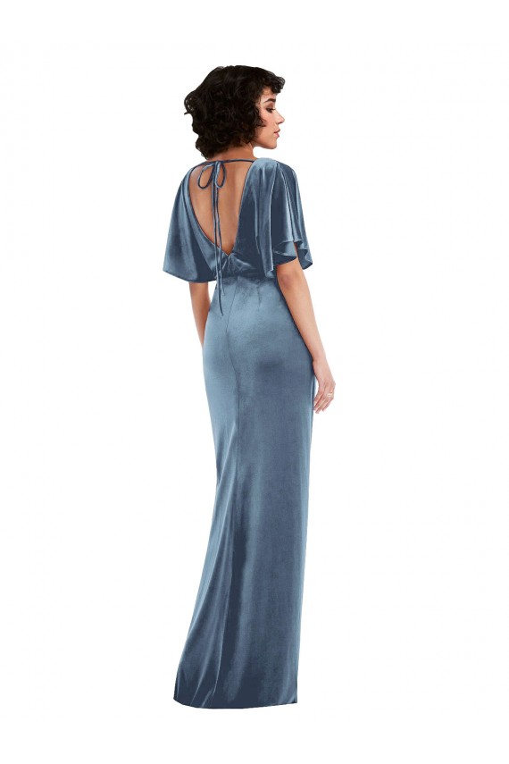 Flutter Sleeve Open Back Velvet Maxi Prom Dress with Pockets & Draped Wrap Skirt Clearance