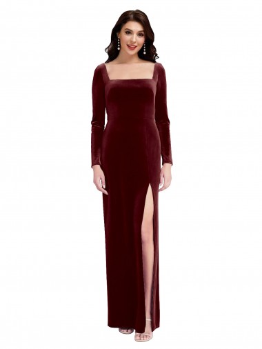 Sleek Square Neck Spaghetti Straps Velvet Prom Dress with Side Slit Clearance