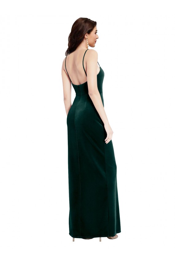 Straight Neckline Spaghetti Straps Long Velvet Prom Dress with High Side Slit Clearance