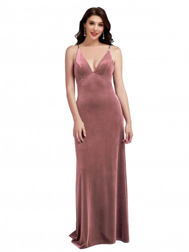 Low Scoop Back Long V-Neck Velvet Slip Prom Dress Clearance