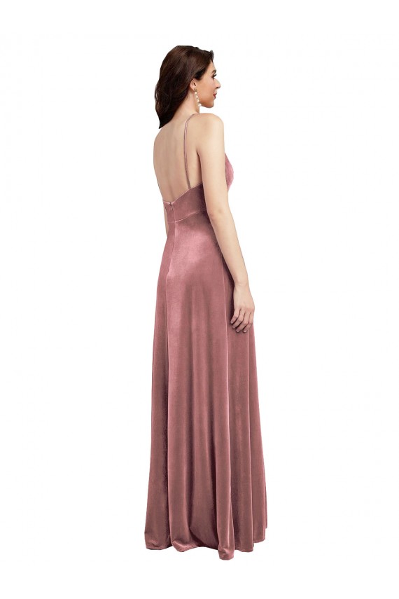 Low Scoop Back Long V-Neck Velvet Slip Prom Dress Clearance