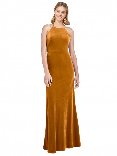 Halter Neckline Long Full Length Velvet Prom Dress with Strappy Back Clearance