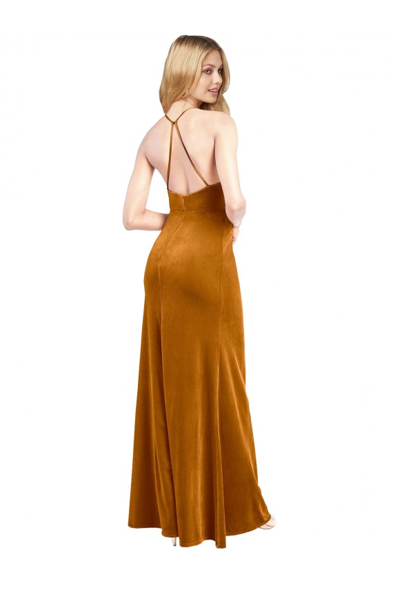 Halter Neckline Long Full Length Velvet Prom Dress with Strappy Back Clearance