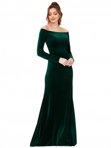 Off the Shoulder Long Sleeves Stretch Velvet Prom Dress Clearance