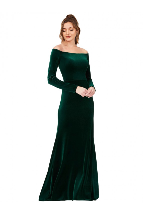 Off the Shoulder Long Sleeves Stretch Velvet Prom Dress Clearance