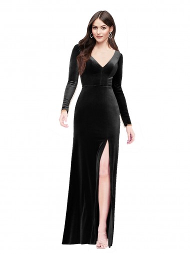 Long Sleeves Velvet Prom Dress with V-Neckline and Thigh Slit Clearance