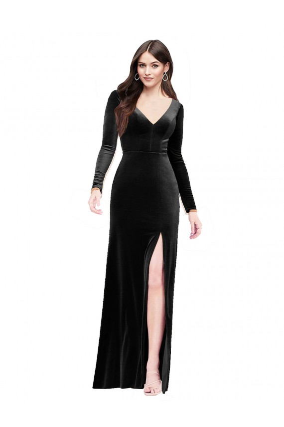 Long Sleeves Velvet Prom Dress with V-Neckline and Thigh Slit Clearance