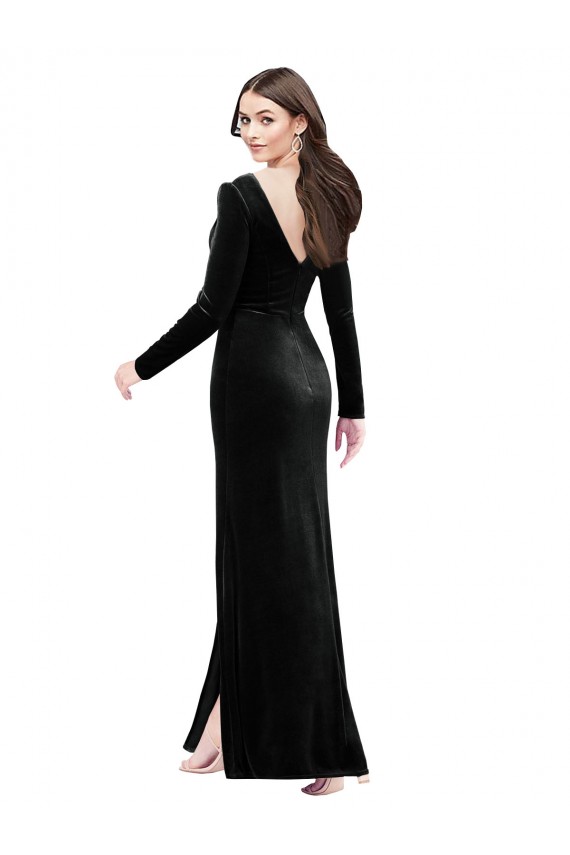 Long Sleeves Velvet Prom Dress with V-Neckline and Thigh Slit Clearance