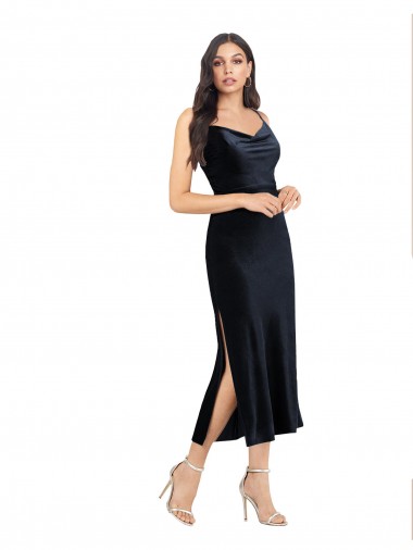 Midi Length Velvet Cocktail Prom Dress / Homecoming Dress with Cowl Neck and Spaghetti Straps Clearance