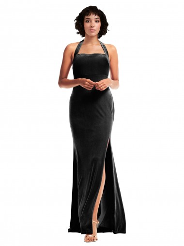 Empire Waist Stretch Velvet Prom Dress with Halter Strap Clearance