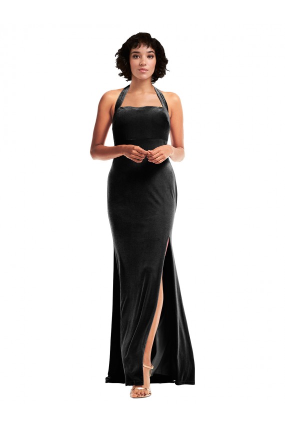 Empire Waist Stretch Velvet Prom Dress with Halter Strap Clearance