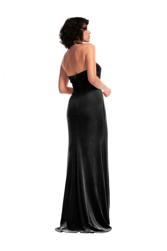 Empire Waist Stretch Velvet Prom Dress with Halter Strap Clearance