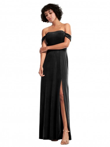 Off the Shoulder Drapped Sleeves Stretch Velvet Prom Dress Clearance