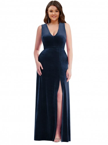 Deep V-Neck Sleeveless Velvet Maxi Prom Dress with Pockets Clearance