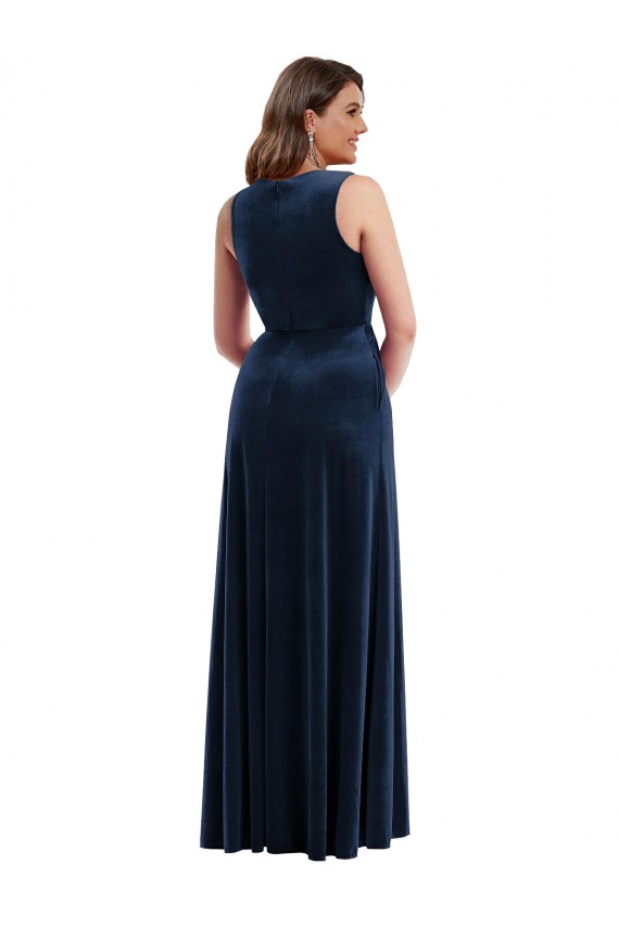 Deep V-Neck Sleeveless Velvet Maxi Prom Dress with Pockets Clearance