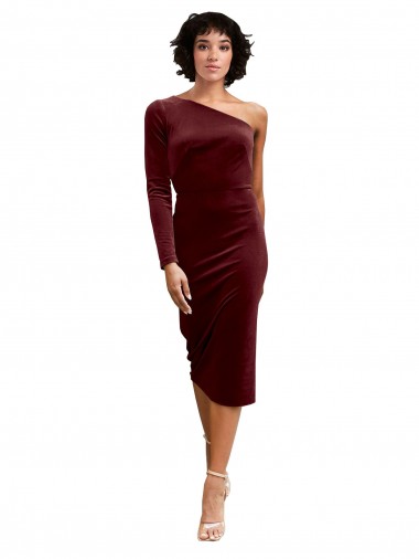 One Shoulder Fitted Short Midi Length Velvet Prom Dress Clearance