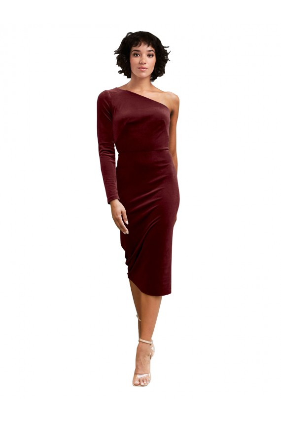 One Shoulder Fitted Short Midi Length Velvet Prom Dress Clearance