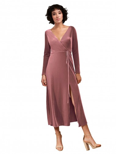 Long Sleeve Velvet Faux Wrap Midi Length Prom Dress Clearance