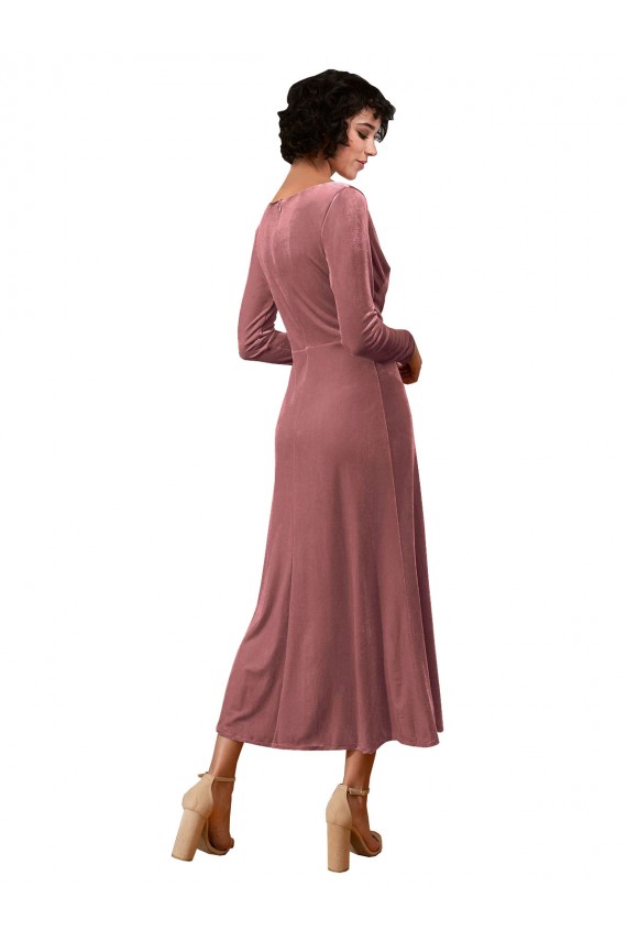 Long Sleeve Velvet Faux Wrap Midi Length Prom Dress Clearance