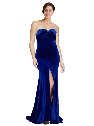 Strapless Ruched Velvet Prom Dress with Sweep Train and Front Slit Clearance