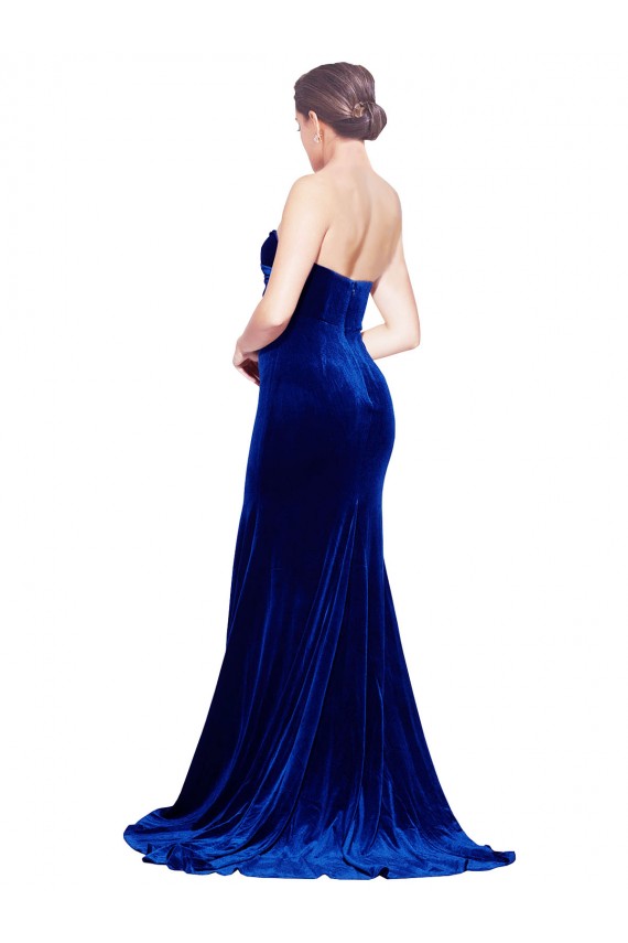 Strapless Ruched Velvet Prom Dress with Sweep Train and Front Slit Clearance