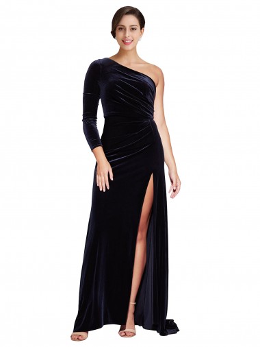 One Sleeve Long Velvet Prom Dress with Thigh High Split Clearance