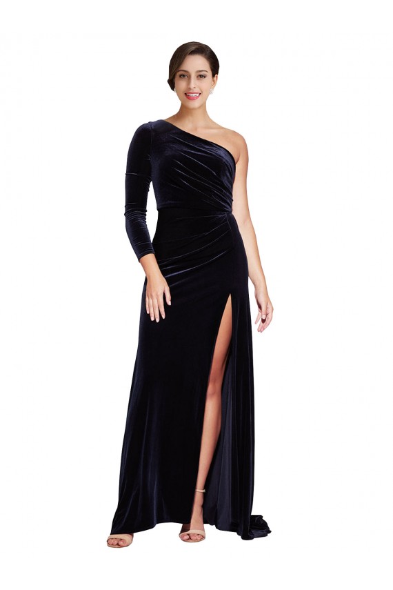 One Sleeve Long Velvet Prom Dress with Thigh High Split Clearance