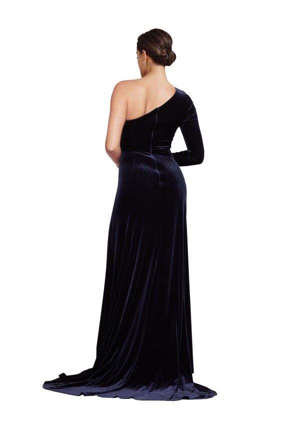 One Sleeve Long Velvet Prom Dress with Thigh High Split Clearance