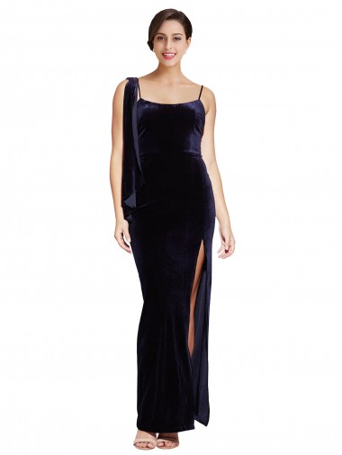 Long Velvet Prom Dress with Side Thigh Split and Shoulder Tie Clearance