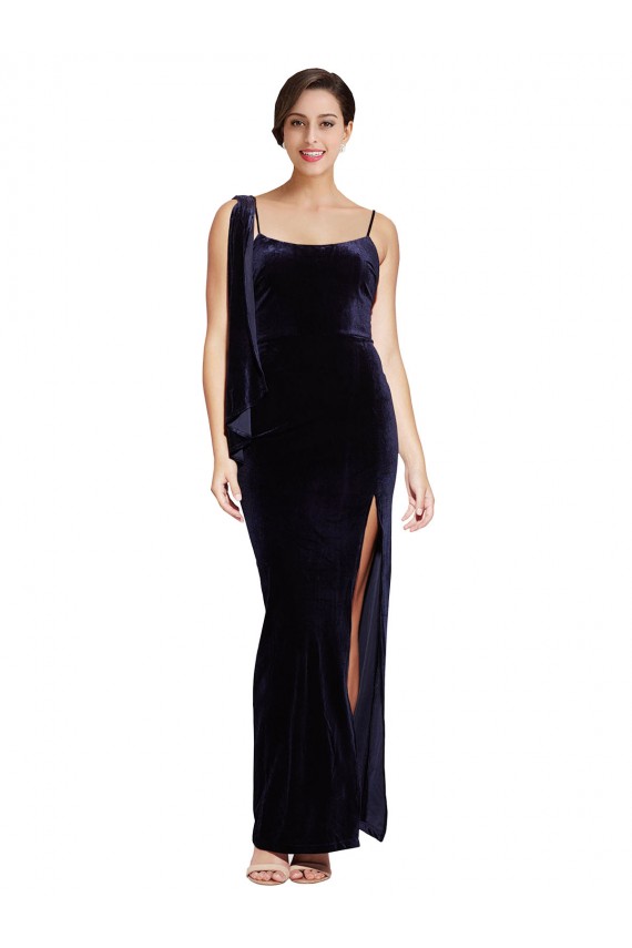 Long Velvet Prom Dress with Side Thigh Split and Shoulder Tie Clearance