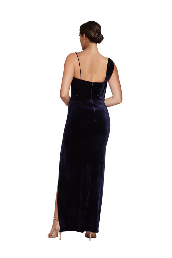 Long Velvet Prom Dress with Side Thigh Split and Shoulder Tie Clearance
