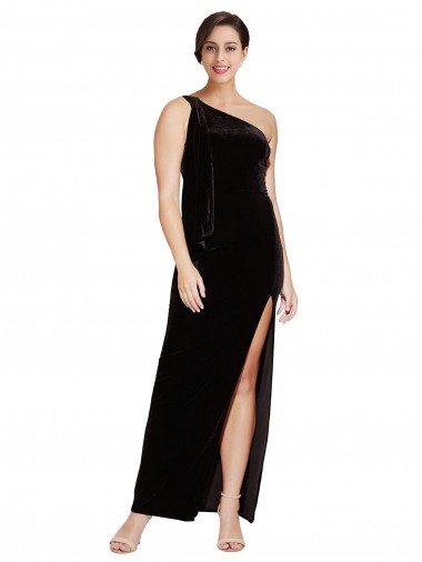 One Shoulder Long Velvet Prom Dress with Side Split and Shoulder Tie Clearance