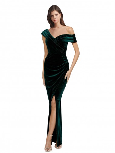 Long Asymmetric Neckline Ruched Velvet Prom Dress Clearance