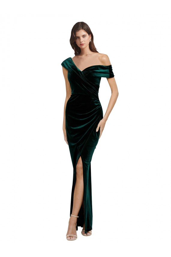 Long Asymmetric Neckline Ruched Velvet Prom Dress Clearance