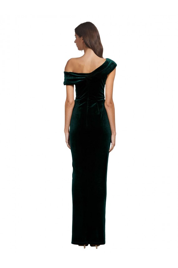 Long Asymmetric Neckline Ruched Velvet Prom Dress Clearance
