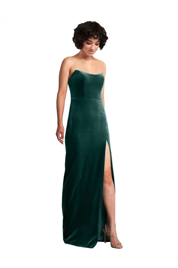 Scooped Strapless Long Velvet Prom Dress with Daring Side Slit Clearance